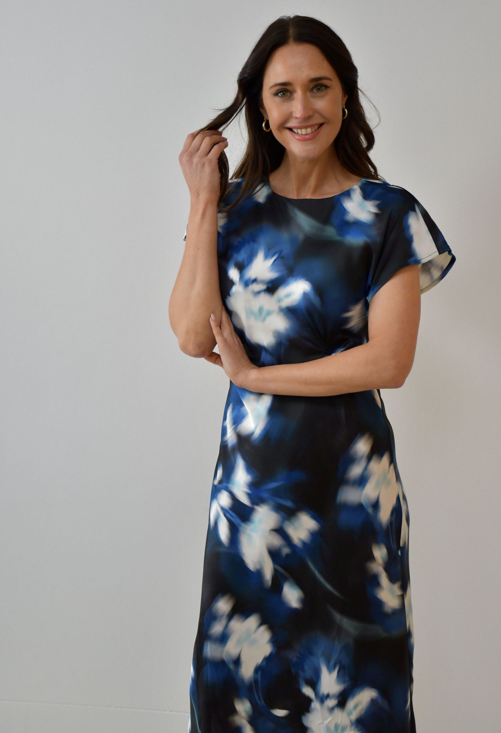 Abstract Satin Twist-Front Maxi Dress