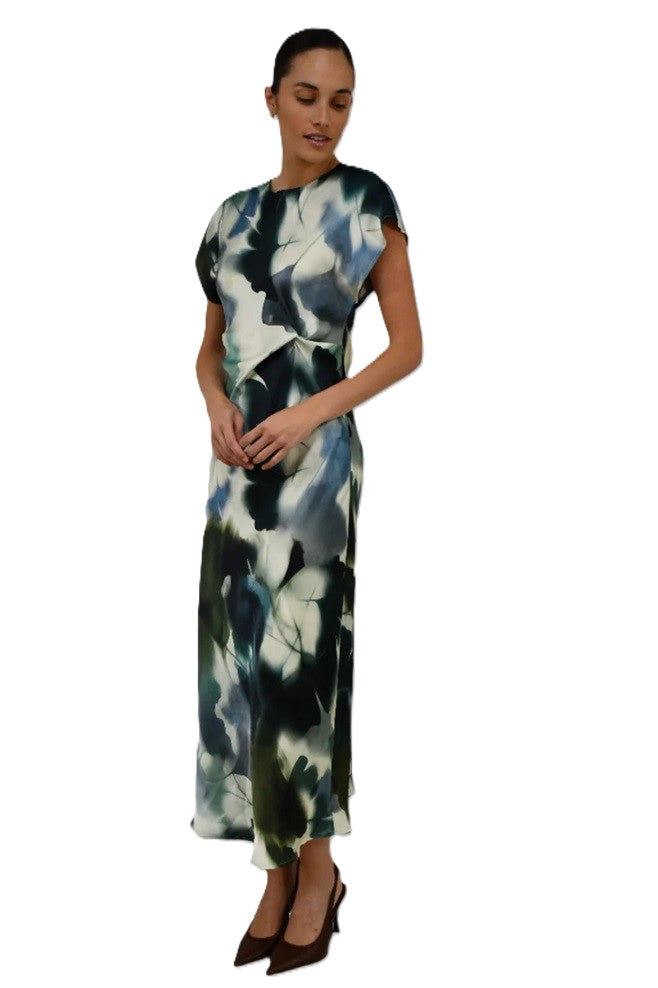 Abstract Satin Twist-Front Maxi Dress