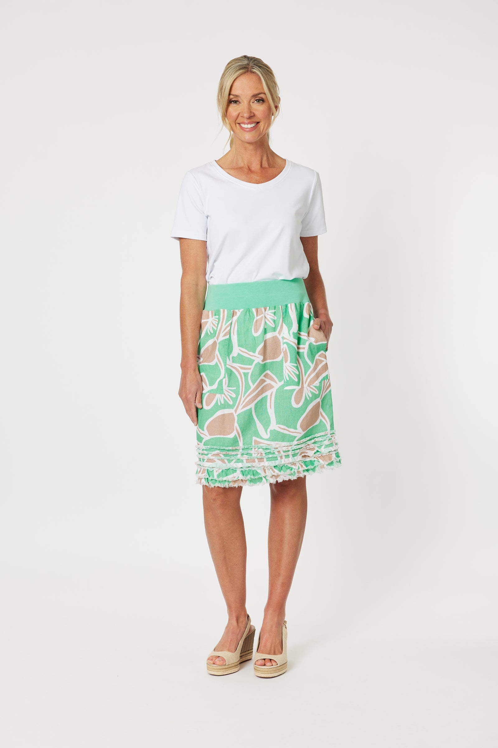 Gordon Smith Noosa Midi Skirt in Mint Green,White and Natural.