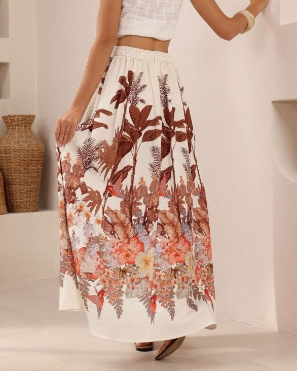 Botanical Wrap Skirt in Tropical Browns by Iris Maxi Kindred