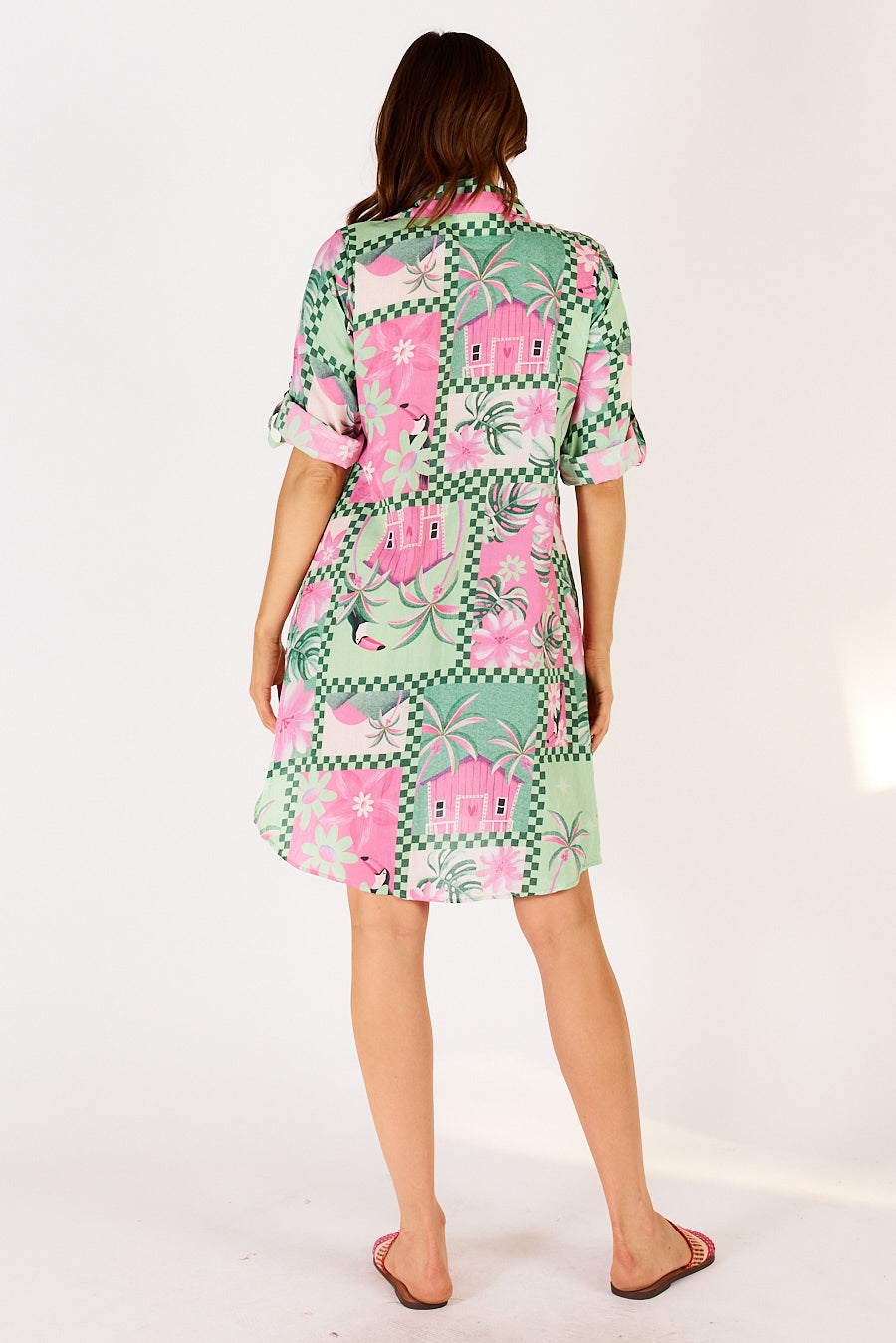 Back of knee length sea shirt style dress with rolled up sleeves and curved  hem by Lulalife.
