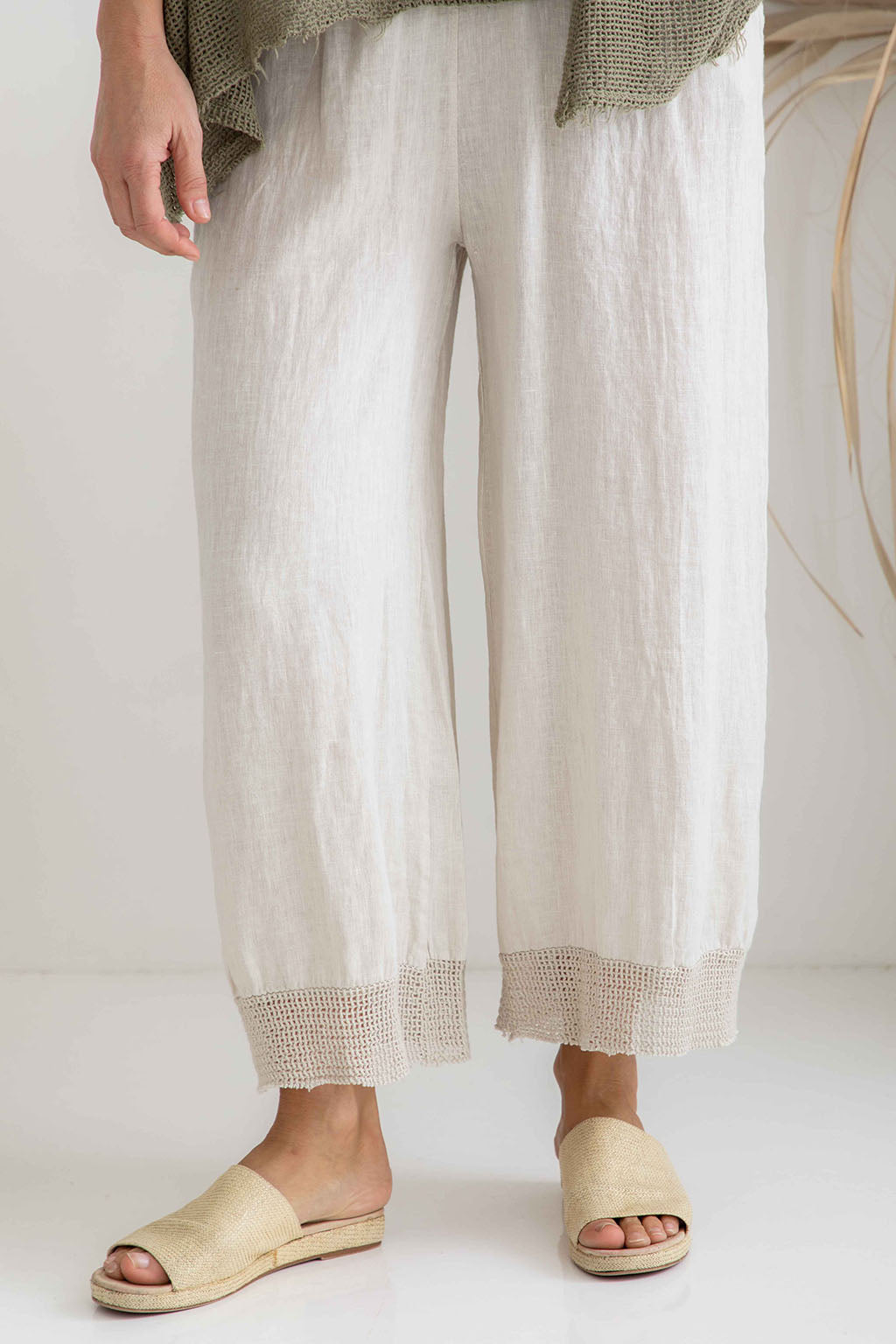 Ladies Pineta sand / beige / cream off white linen pants with open weave hem by The Italian Cartel.