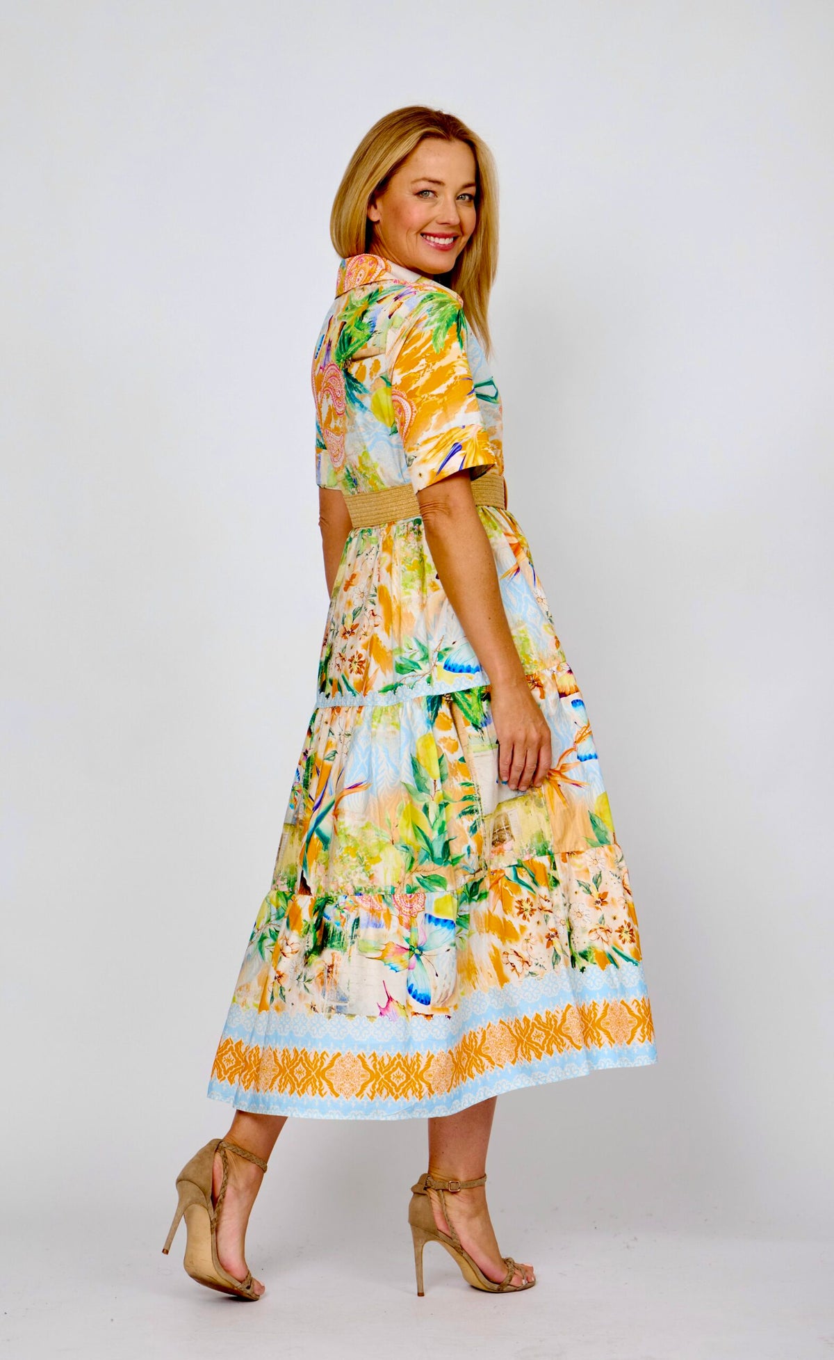 Tropical Belted Tiered Shirt Dress