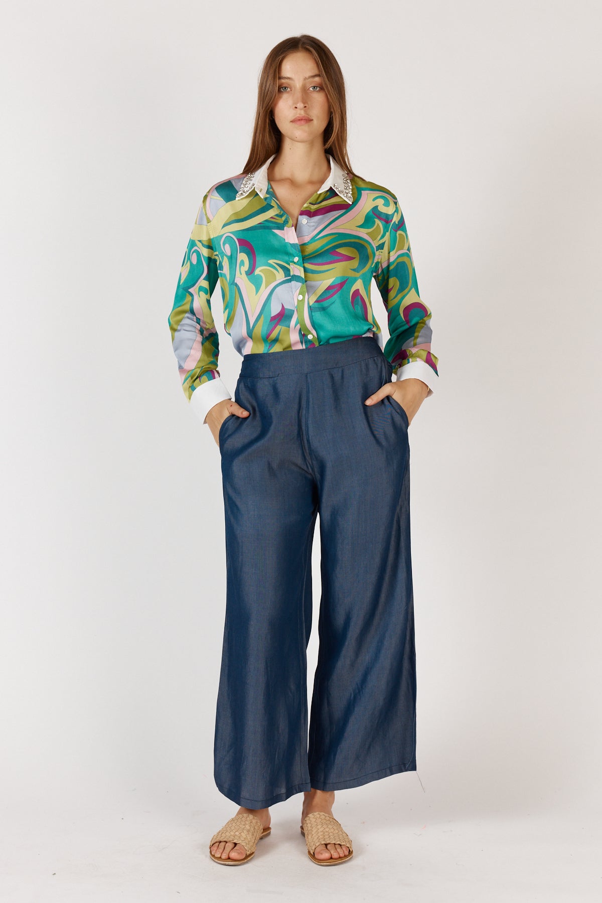 Woman wearing Yeah Baby Shirt in multi Green Swirl with Bling on the collar, contrasting cuffs by Rubyyaya.