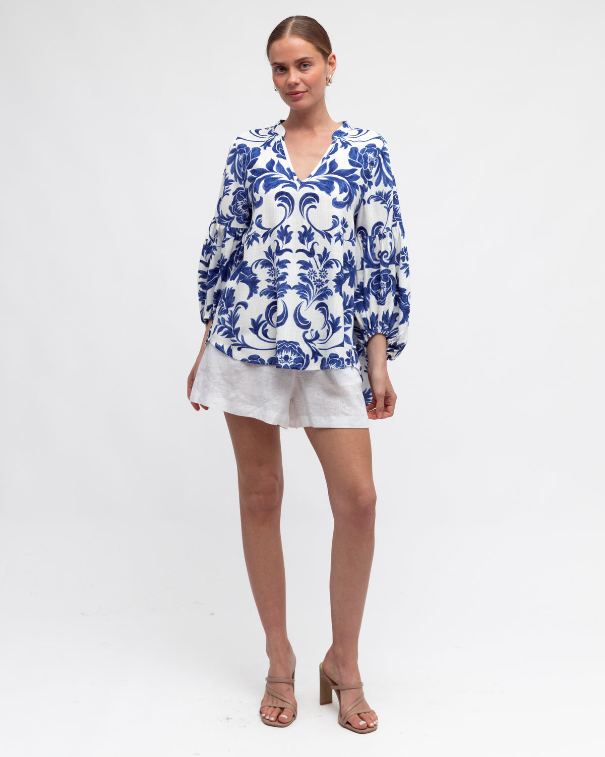 Baroque Blouse Top in blue and white from white closet.