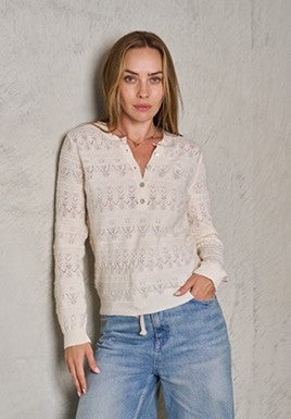 Enzio cream lightweight cotton knit top with long sleeves and button neck, pretty patterns in the knit by label of love.