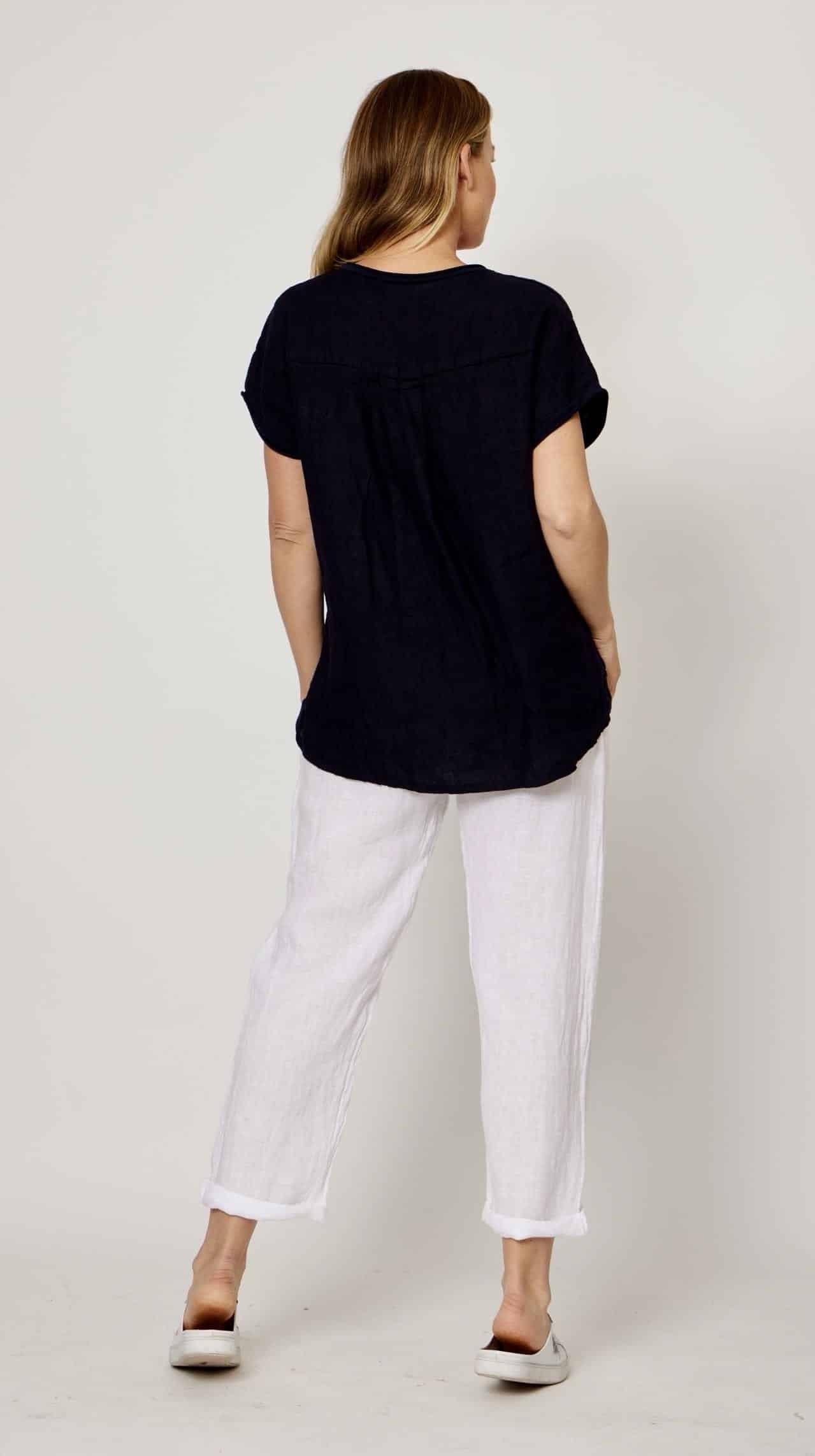 Back of ladies / womens linen blend tshirt in Navy Blue with white flower embroidery.