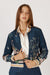 Woman wearing machali satin bomber jacket in navy blue with jungle and tiger print by Rubyyaya.