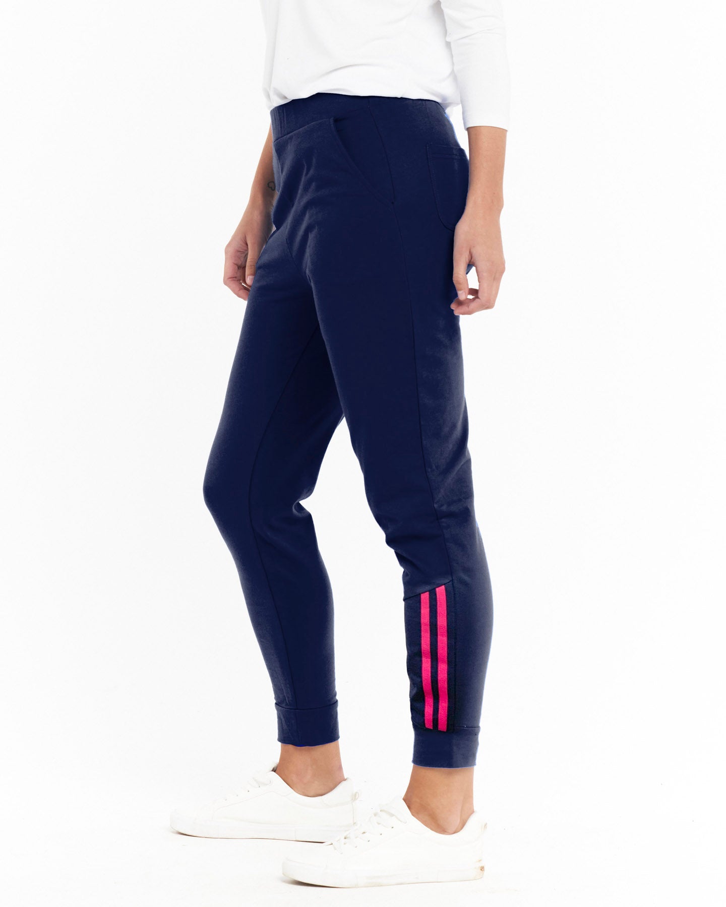 Queens midnight jogger bottoms with ruby pink racer stripes on bottom of leg