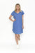 Woman wearing One Summer's Aqua Splash Taylor cotton Midi Dress with cap sleeves, pockets, lining and tuck detailing.
