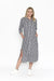 Woman wearing navy blue and white striped midi shirt dress with collar and button up front, pockets and side splits this casual dress is from One Summer.