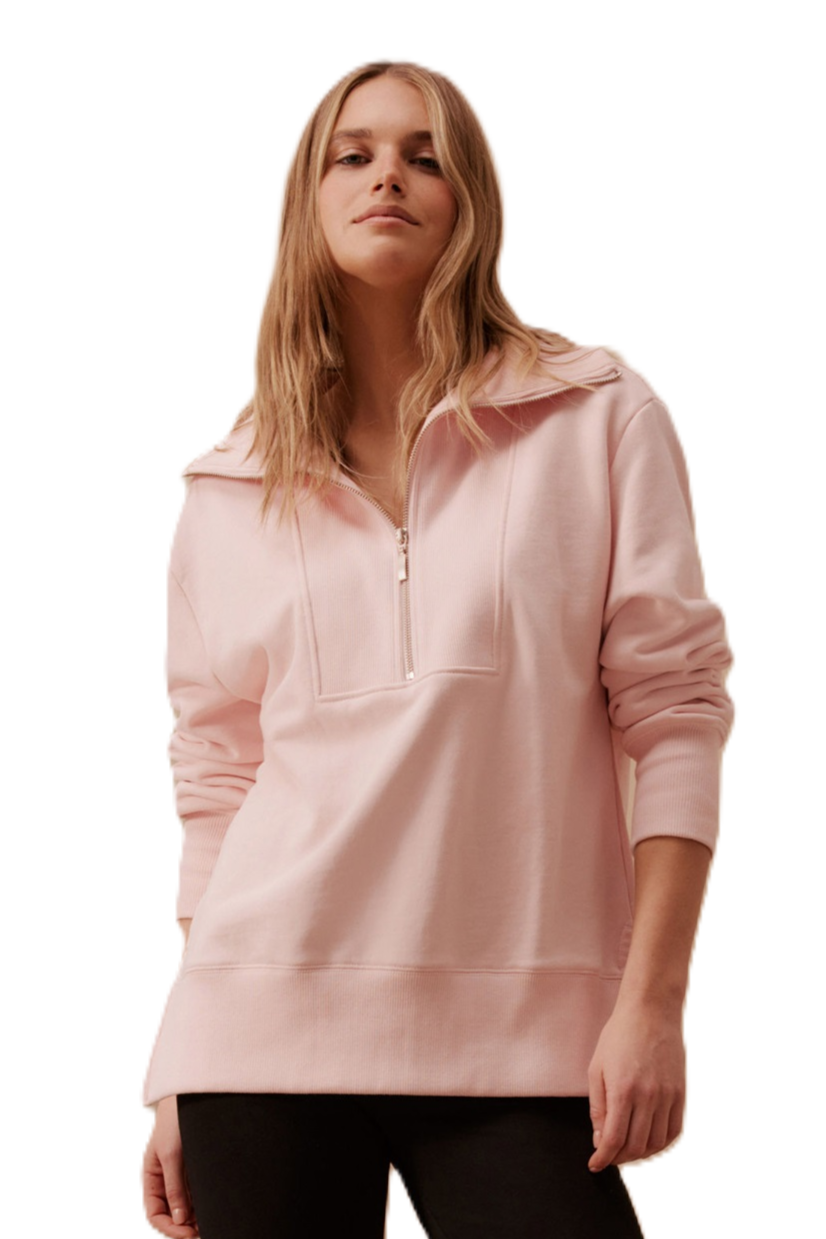 Woman wearing ceres life Isabella Shell Pink Half Zip Sweat / Jumper.