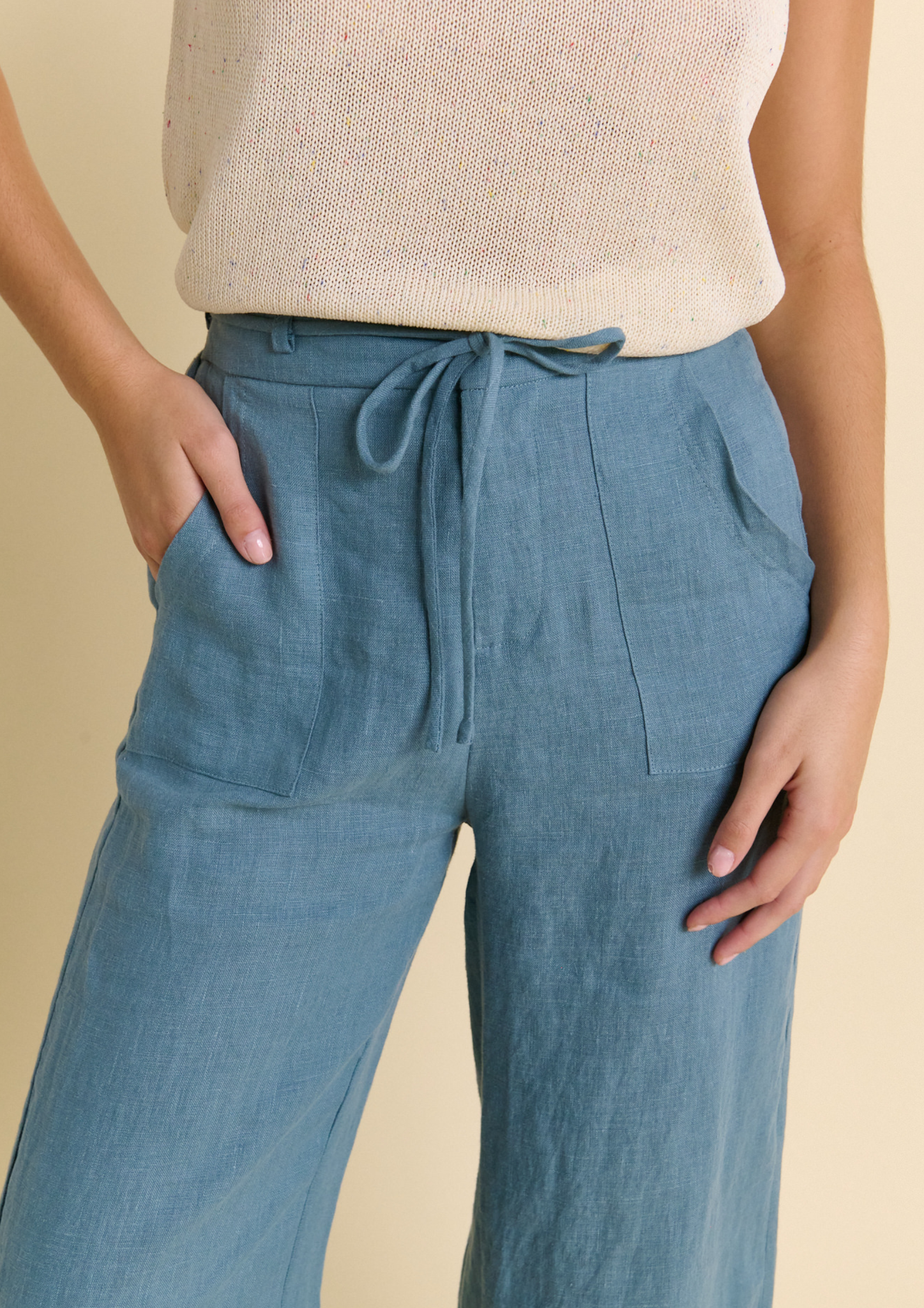 Ladies Remy Zip front with tie linen pants in blue teal by Little Lies.