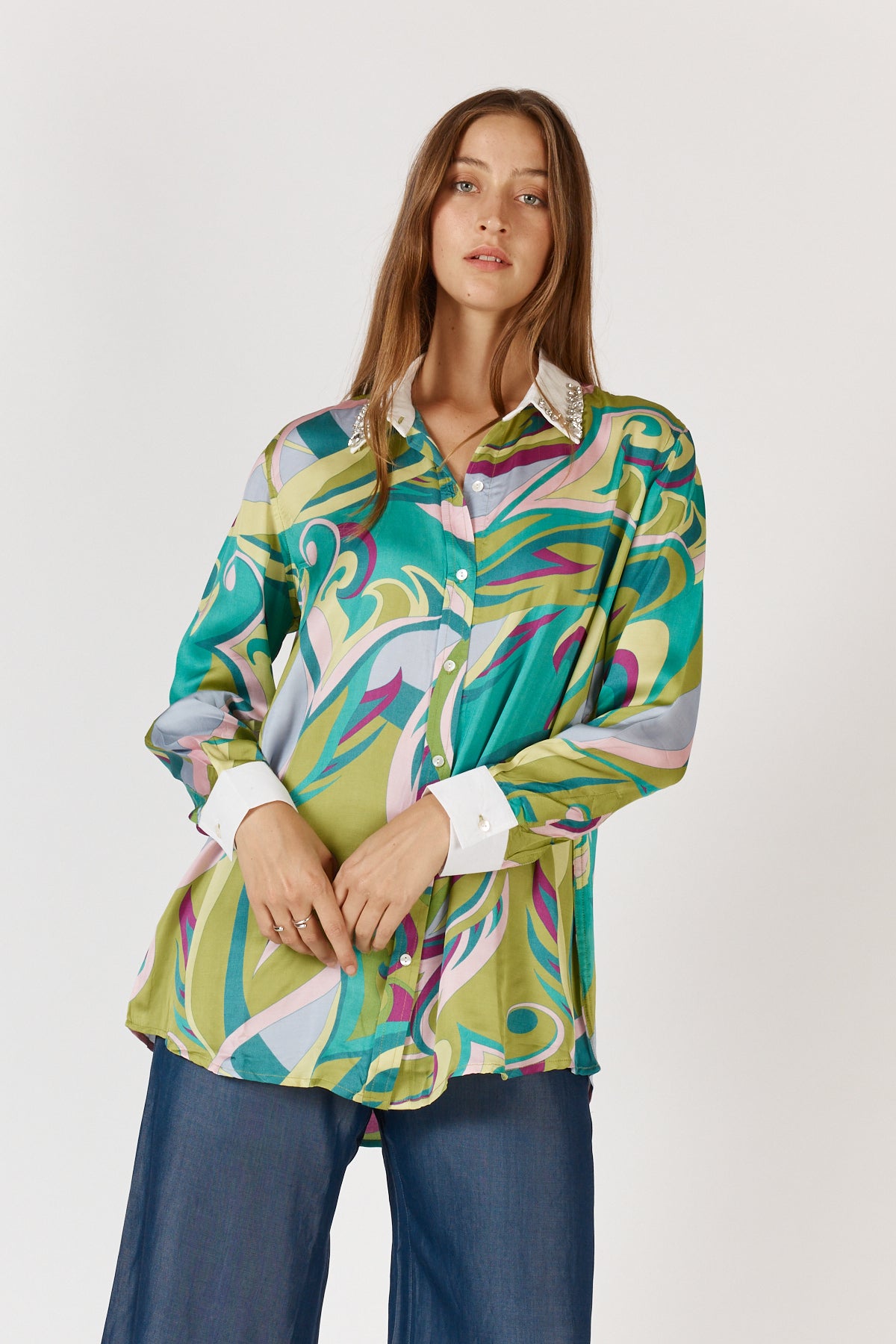 Woman wearing Yeah Baby Shirt in multi Green Swirl with Bling on the collar, contrasting cuffs by Rubyyaya.