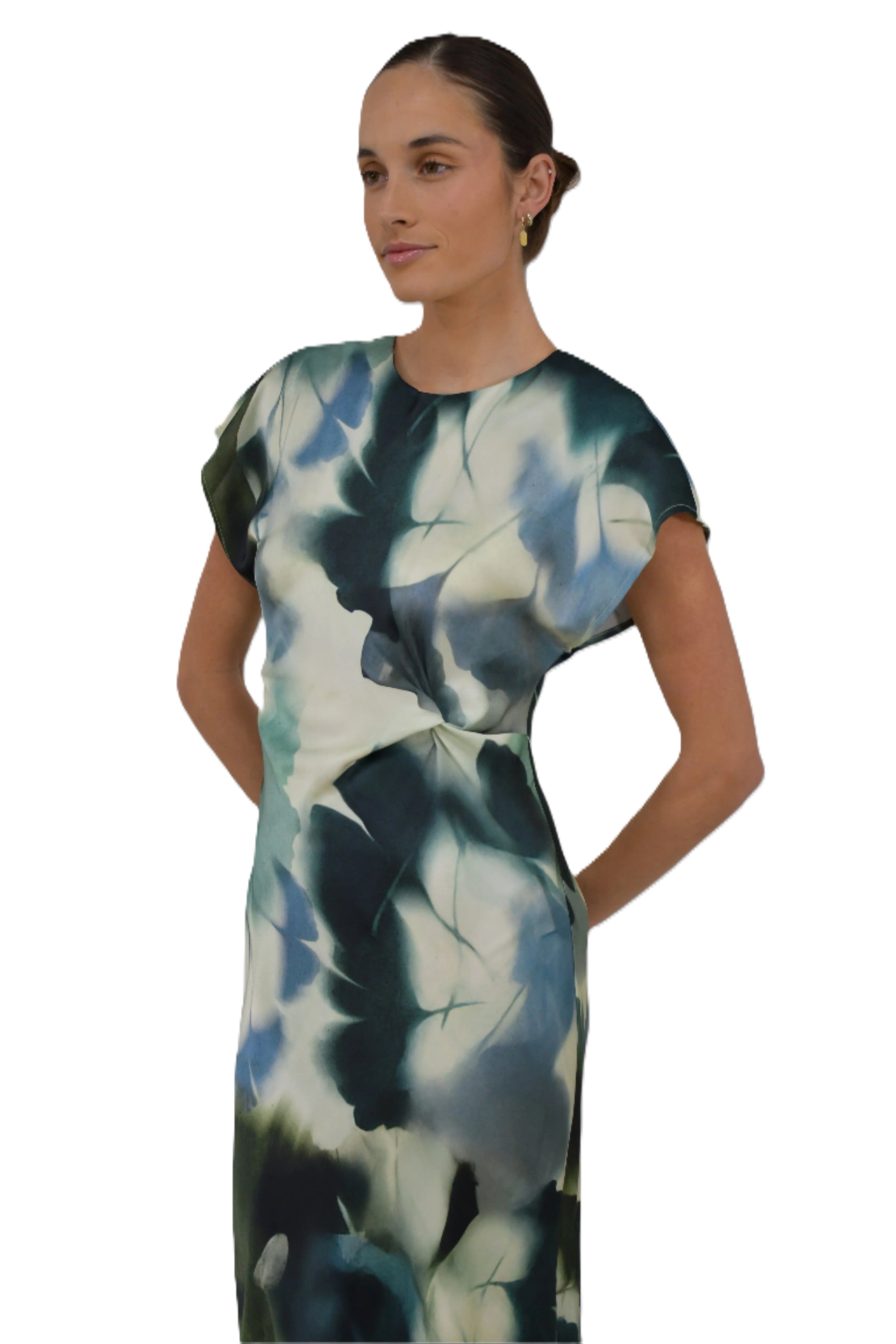 Abstract Satin Twist-Front Maxi Dress in Blue and Green by Jess and Molly - KSBG - Kindred Spirit Boutique & Gift Abstract Satin Twist-Front Maxi Dress in Blue and Green by Jess and Molly - KSBG - Kindred Spirit Boutique & Gift