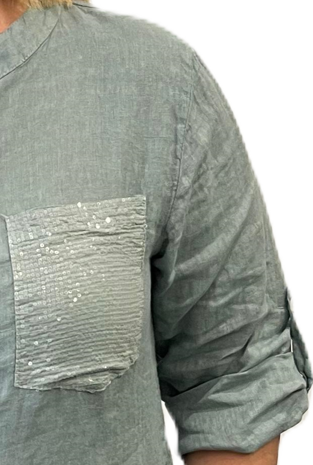 Kelly Blue Linen Sequin Midi Shirt Dress by the Italian Cartel. 