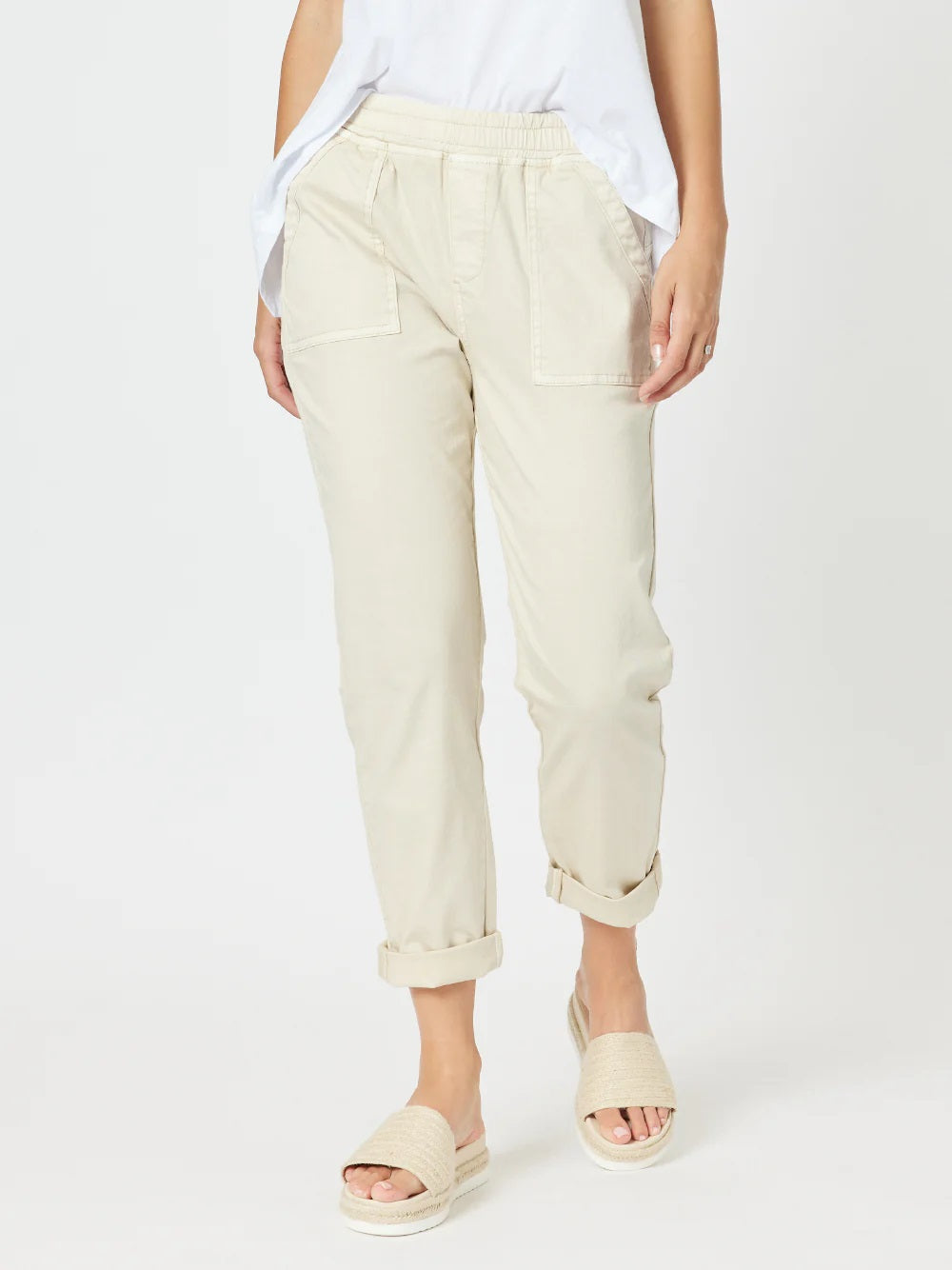 Threadz Isabella Cotton Pants in Natural with elasticated waist and pockets.