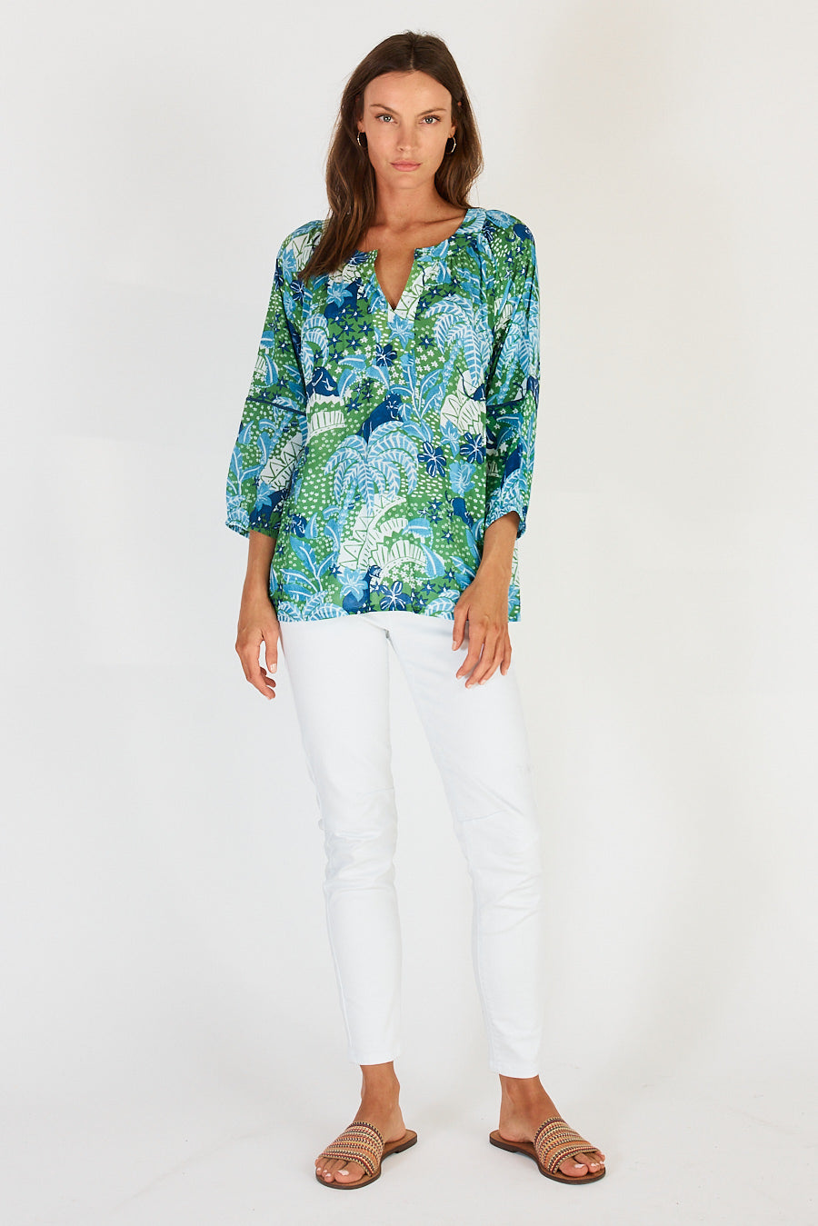 Green, Blue and White tropical jungle print women's relaxed fit blouse top by LulaSoul.
