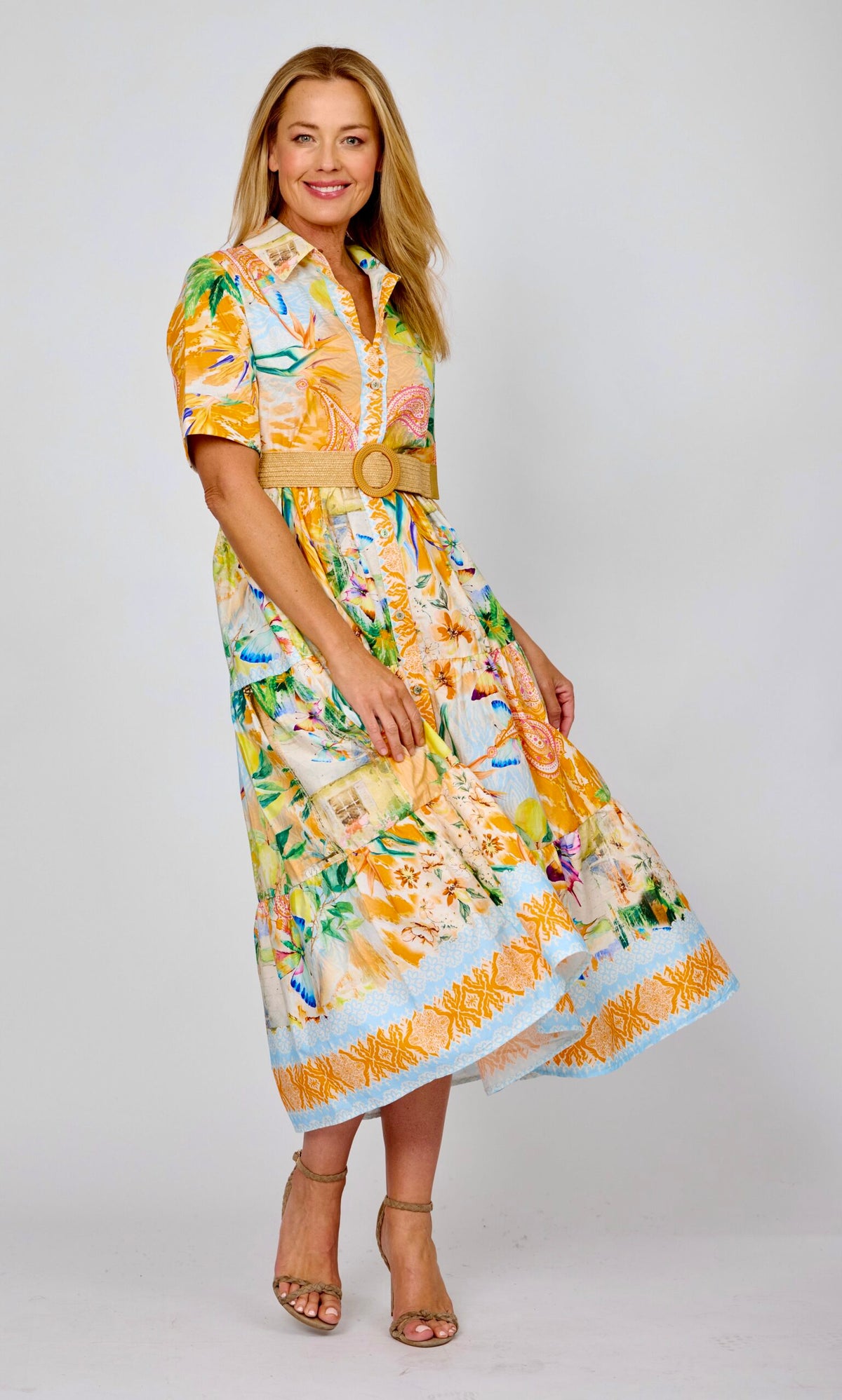 Tropical Belted Tiered Shirt Dress