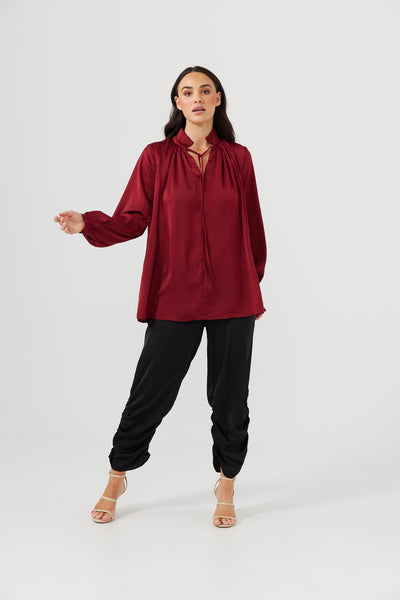 Montana Shirt in Black or Cabernet Satin at Kindred Spirit Boutique and Gift