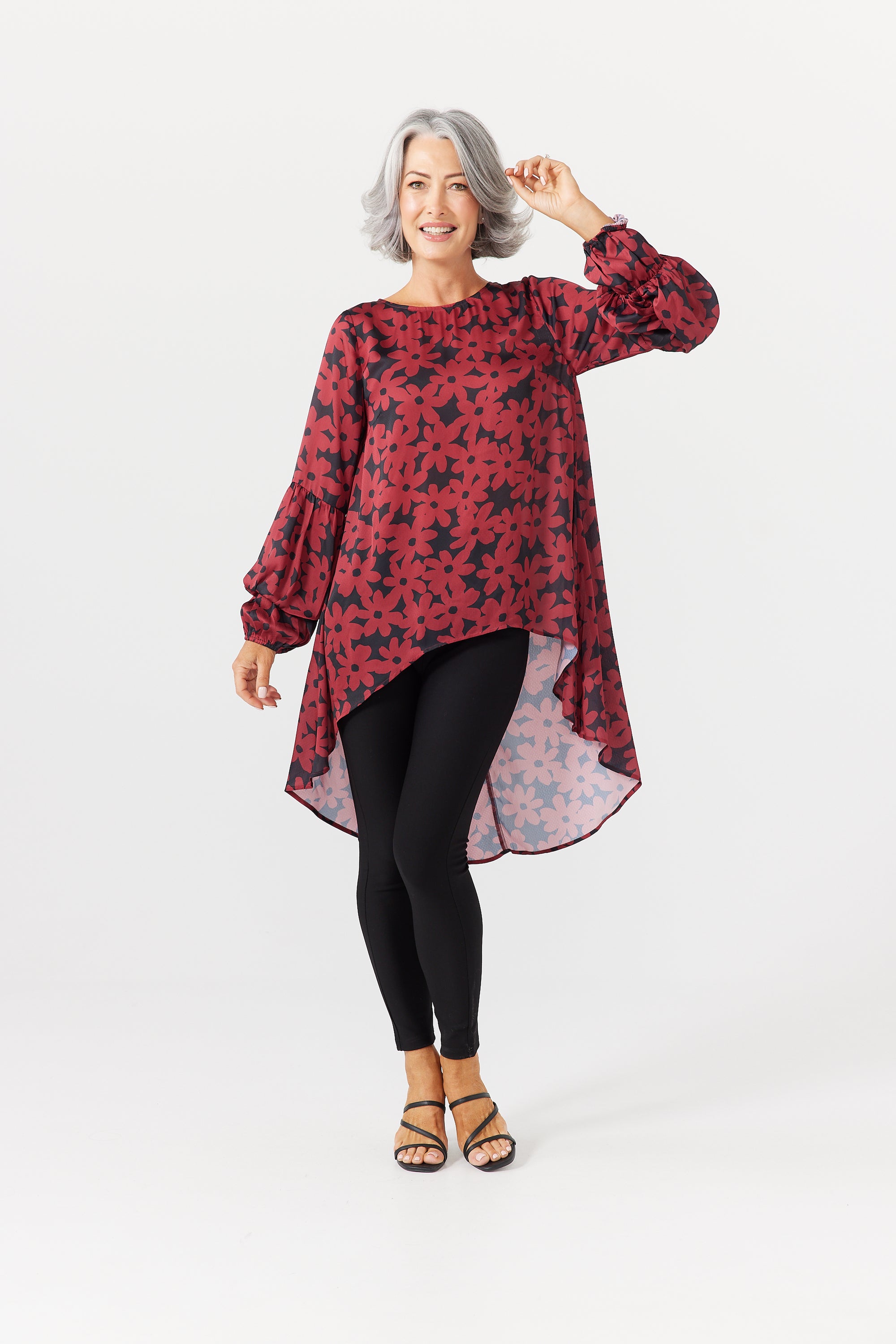 Cascade Long top in Cabernet Winter Bloom at Kindred Spirit Boutique and Gift